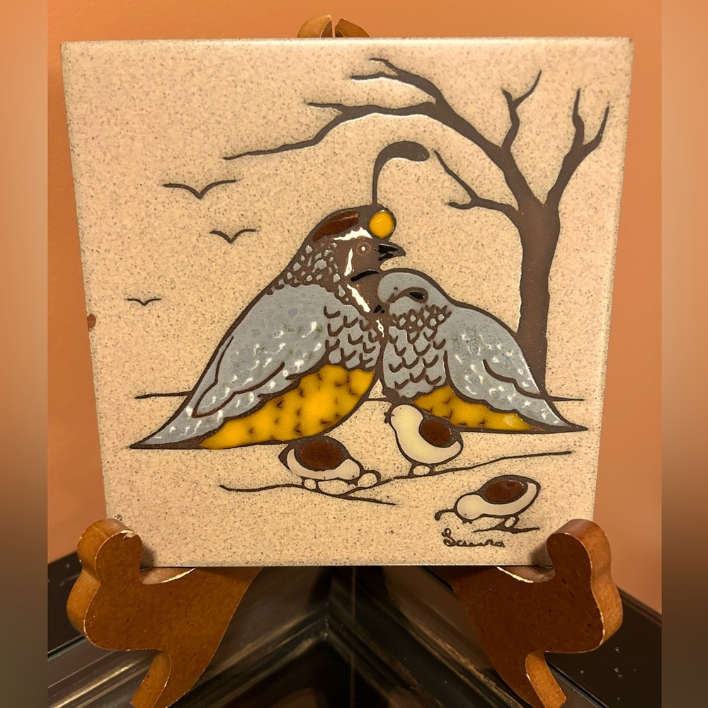 Quail Family Ceramic Signed Trivet